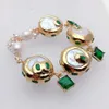 Yygem 25mm Natural Cultured White Keshi Coin Pearl Green CZ Square Charm Armband Fashion Jewelry 240305