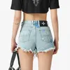 Jeans femininos cruciate flor pintado à mão rasgado denim shorts bordado respingo-tinta cintura alta calças de emagrecimento para meninas canção xiaosa