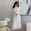 Casual Dresses Retro Spring Autumn Beige Dress French Women Square Collar Hollow Out Lace Long Sleeve High Waist Slim Lady Office