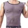 Men's Tank Tops Sexy Mens Stripe Mesh See Through Sleeveless T-shirts Lounge Home Undershirts Male Vests Gym Fitness Sports Tees