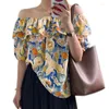 Kvinnor BLOUSES Fashion Summer Slash Neck Off Shoulder Women Sweet Abstract Flower Print Mönster Löst Casual Chiffon Top Shirt