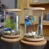 1st Glass Betta Fish Tank Bamboo Base Mini Fish Tank Decoration Accessories Rotate Decoration Fish Bowl Aquarium Accessories Y200208B