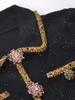 Colletto ribaltabile con paillettes in maglia nera Abito Self Portrait primavera/estate in maglia con bottoni di diamanti intarsiati con perline per unghie pesanti