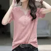 T-shirts femme t-shirts femme qualité supérieure printemps/été manches courtes col en V boutons couleur unie dames hauts goutte ZBBA72