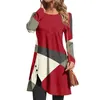 Women's T Shirts Patchwork Round Neck T-Shirt Loose Casual Long Sleeved Printed Pullover Medium Length Top Paired With Coat