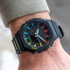 Herren-Sport-Regenbogenschwarz-Digital-Quarz-2100-Armbanduhr, Weltzeit, voll funktionsfähig, wasserdicht, LED-Automatik, Handanhebung, Serie Helleiche