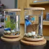 1 pz Vetro Betta Fish Tank Base di bambù Mini Fish Tank Decorazione Accessori Ruota Decorazione Fish Bowl Accessori acquario Y200220Y