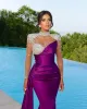 Classy Beaded Mermaid Prom Dresses Long Sleeves Pleated Evening Gowns High Neckline Sweep Train Satin Special Occasion Formal Wears