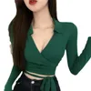 Women's T Shirts Sexy Deep V-Neck Long Sleeve Shirt Women Strap Knitting Cropped Tops 2024 Spring Skinny Slim Woman Girl