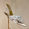 Aquazzura MS.Galactic Flower Intot Toe Buty Muller Clear Pvc Mule Kaptaki Rhinestone Petal Decoration Stiletto Heels Kobiety luksusowe projektanci buty wieczorne buty