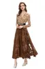 Women's Runway Dresses V Neck Long Sleeves Beaded Waist Printed Lace Velvet High Street Designer Vestidos