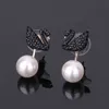 Swarovski silver needle advanced sense black swan tassel pearl earrings female crystal back hanging