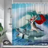 Занавески с забавным котом, езда на акуле, занавески для душа, морские волны, милые животные, креативные детские занавески для ванной, полиэстер, декор для ванной комнаты с крючками