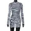 Abiti da lavoro Donne Stampa zebra Dres Club Beach Turtleneck See attraverso Y2K Bodycon Dress Mini Sexy Mesh Summer 2024 Festa a manica lunga