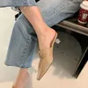 Dress Shoes French Style Pointed Toe Women Mules Beige Leather Spring Clear Crystal High Heels 4cm Apricot Chic Work Pumps Zapatillas