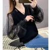 Spring Fall Fashion V Neck Mesh Lace Patchwork Chic Knitwear Women Casual Loose Long Sleeve Pullover Top Female Knitted Sweaters 240311