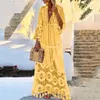 Bohemian womens V-neck tassel oversized casual dress womens lace solid fashion dress elegant robe Bohemian holiday long dress 240313