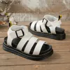 Sandals New Womens Leather Roman Sandals Womens Sandals Summer Thick-soled Sandals Fingerless Metal Buckle Stitching Fashion ShoesL24313