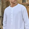 Men's Casual Shirts White Cotton Linen Shirt For Men 2024 Brand Slim Fit Round Neck Top Blouse Mens Lightweight Breathable Beach Yoga