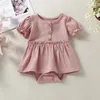 Rompers Citgeesummer Solid Born Girl半袖ボディースーツボタンパッチワークドレススタイルプレイスーツカジュアル服