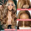 Perruque Lace Front Wig Body Wave sans colle, cheveux naturels, à reflets, 40 pouces, Transparent, couleur blond miel ombré 4/27, 13x4, pour femmes