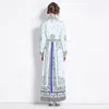 Casual Dresses Vintage Floral Printed Long Maxi For Women Runway Designers Elegant Draped Lapel Sleeve Pleated Vestidos