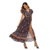 Women's designer dress Sexy V-neck Bohemian cardigan waist print women's dress