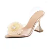 Klänningskor Fashion Crystal Flower Sequined Women Pumpar Point Toe High Heels Wedding Prom Ladies PVC Transparent Sandal Zaptos Mujer