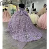 Lilac Glitter Crystal Sequined Ribbons Ball Gown Quinceanera Dresses Off the Shoulder Appliques Lace Corset Vestido de 15 Anos