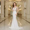 Backless Sexy Mermaid Wedding Dresses Deep V Neck Appliques Ivory Bridal Gowns Sweep Train Robes Under