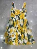 Mini robe en coton à imprimé floral jaune, marque de mode européenne, taille froncée, slip