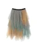 Skirts Kimydreama Women Irregular Sheer Contrast Solid Color Elastic High Waist Ruffles Multi-Layered Tulle Tutu Skirt
