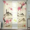 Cortinas estilo chinês pintura a tinta flores paisagem cortinas transparentes para sala de estar quarto moderno voile tule cortina de janela