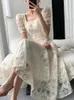 Retro fairycore laço vestido longo das mulheres princesa mangas decote quadrado vestido elegante bege sólido vestido de noite vestido de baile 240313