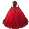 Elegante Rode Baljurk Quinceanera Jurken Lange Mouwen Tot de Grond Tule Gala Sweet 16 Jurk Voor Meisjes 2024 Kant Applicaties Vestido De 15 Anos