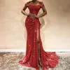 Het Sale Bourgogne Mermaid Prom Dress Lace Appliques Sexig Slit Sequined Off Shoulder Evening Gowns Long Sleeve Formal Dresses 2020