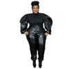 Plus Size Leather Two Piece Set XL5XL PU Fashion Womens Clothing Lantern Sleeve Solid Color Matching Sets Winter Casual Outfit 240315