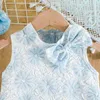 Abiti da ragazza Estate Nuovo Senza maniche O Collo Fiocco Maglia floreale Blu Designer Carino Party Princess Dress Custume 6M-3T ldd240313