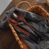 Dinnerware Sets 5X Wooden Flatware Set Portable Chopsticks Spoon Fork Tableware With Black Twining Thread