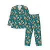 Мужская одежда для сна Бирюзовая пижама в этническом стиле Мужская ретро с животным принтом Симпатичная ночная рубашка для спальни Осень 2 шт. Повседневный свободный дизайн большого размера Домашний костюм
