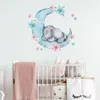 Watercolor Sleeping Baby Elephant on the Moon Wall Stickers With Flowers for Kids Room Baby Nursery Room Wall Decals PVC334B