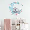 Pegatinas de pared de elefante en la Luna para bebé durmiendo, acuarela, con flores, para habitación de niños, pegatinas de pared de habitación de bebé, PVC334B