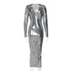 Casual Dresses OMSJ Metallic Long Sleeve Bodycon Dress Fashion Fall Winter V-neck Ruched Shoulder Pads Maxi Women Party Night Club Outfit