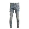 Men's Jeans Retro Worn Fashion Embroidered Printed Stretch Slim Straight High-End All-Matching Skinny Trousers