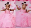 Cute Pink Flower Girl Dresses O-neck Lace Beads Little Girls Formal Party Gowns Puffy Ruffles Tiered Princess Kids Toddler First Communion Birthday Dress CL3383