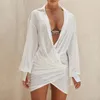 Casual Kleider Amphiaraus Baumwolle Leinen Geraffte Langarm-shirt Frauen Lose Drapierte Sexy Tiefem V-ausschnitt Minikleid Elegante Partywear