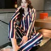 Women's Sleepwear Striped Printed Pajamas Long Sleeved Lapel Shirt Pants Two Piece Loungewear Nightwear Loose Casual Intimate Lingerie Home