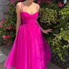 Festklänningar franska spaghettirem eleganta söta prom vestidos utsökta smala midja a-line mesh kaskad bollklänning fairy klänning
