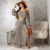 Sukienki robocze Apipee Tassel Summer Beach Sukienka Kobiety Sexy Off ramię Maxi Long Rękaw Boho Knit Crochet Hollow Out Party