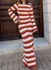 Women Long Dress Oneck Knitted 2024 Backless Bodycon Striped Hollowed Out Flared Sleeves Ruffle Vacation Lady Wave Cut Robe 240229